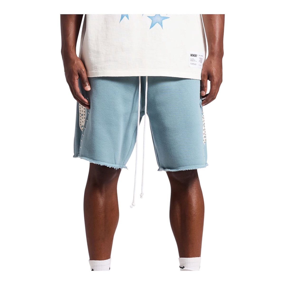 Memory Lane STUDDED FLEECE LONG SHORTS-SLATE BLUE