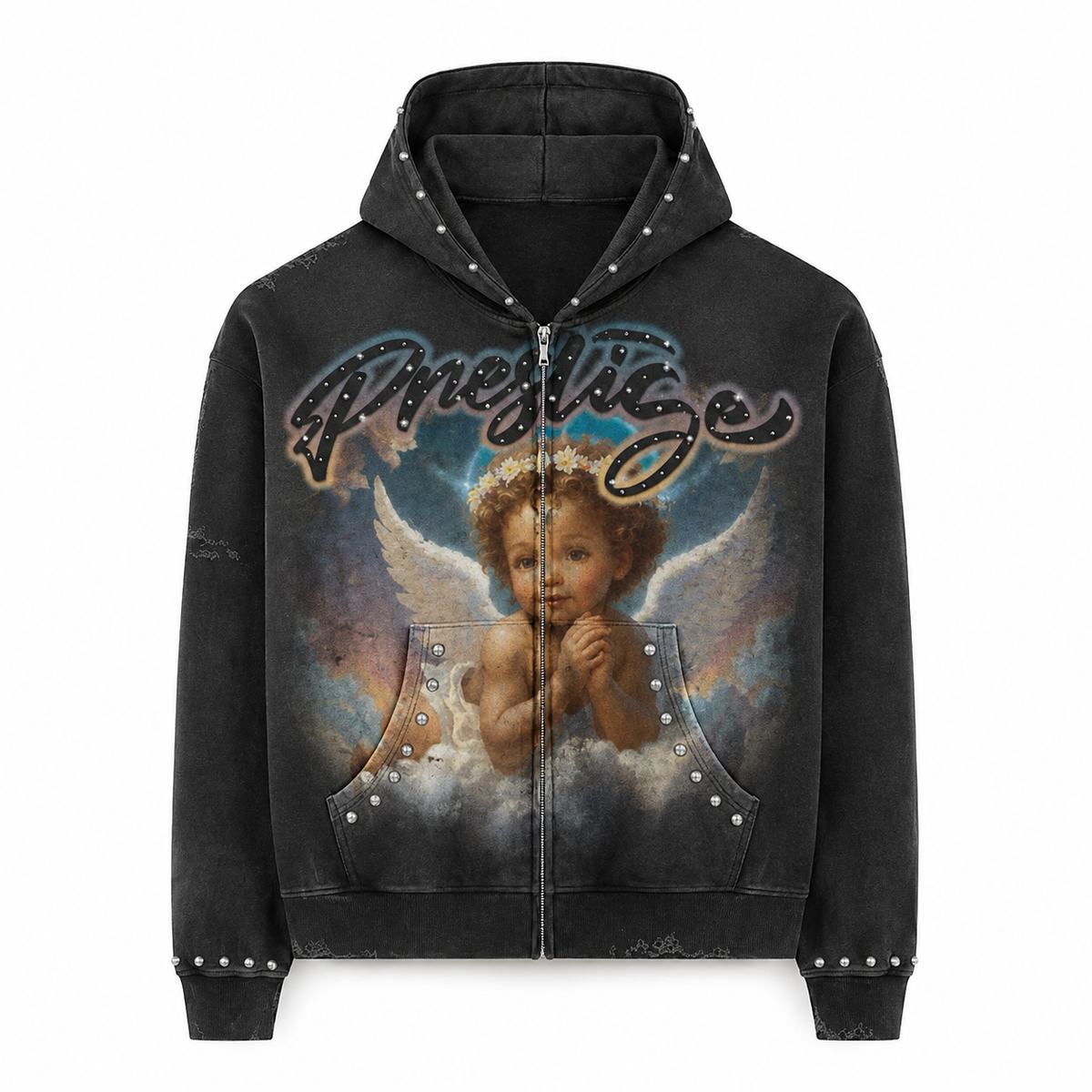90s ビンテージ　Black Angel スカルデザイン スウェット Prestige Vintage Angel Graphic Studded Zip-Up Hoodie – Washed Black