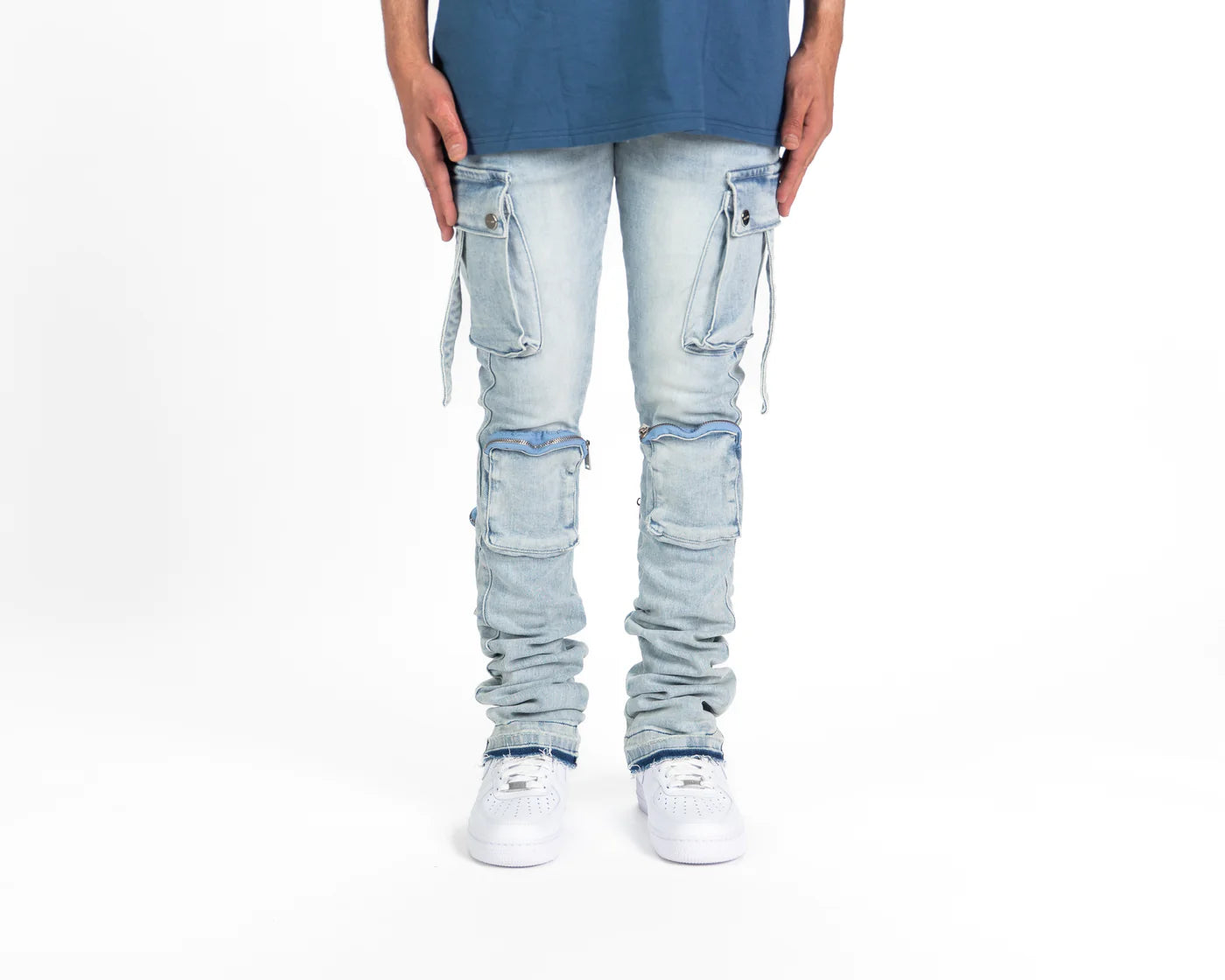 NEVER LOOK BACK" CARGO FLARE STACK DENIM