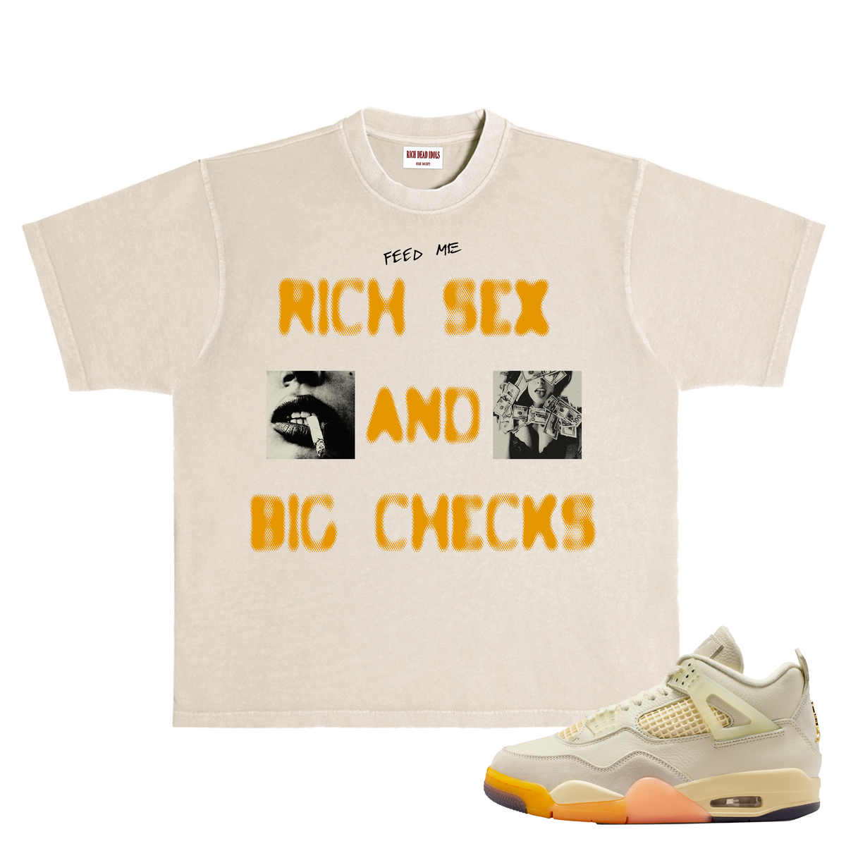 Rich Dead Idols "RICH SEX AND BIG CHECKS" T-SHIRT TAN AND ORANGE
