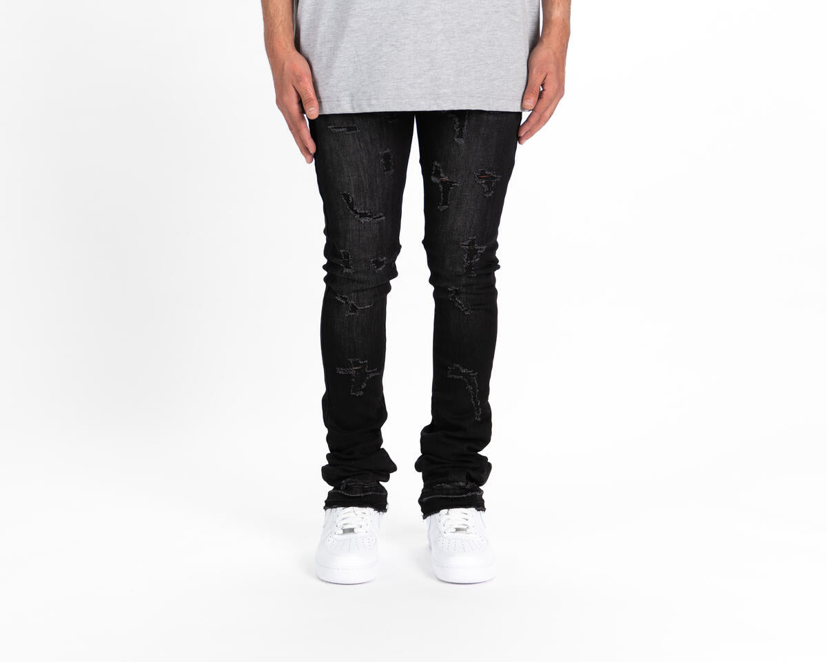 PHEELINGS "Now Or Never" Black Ripped Flare Stack Denim