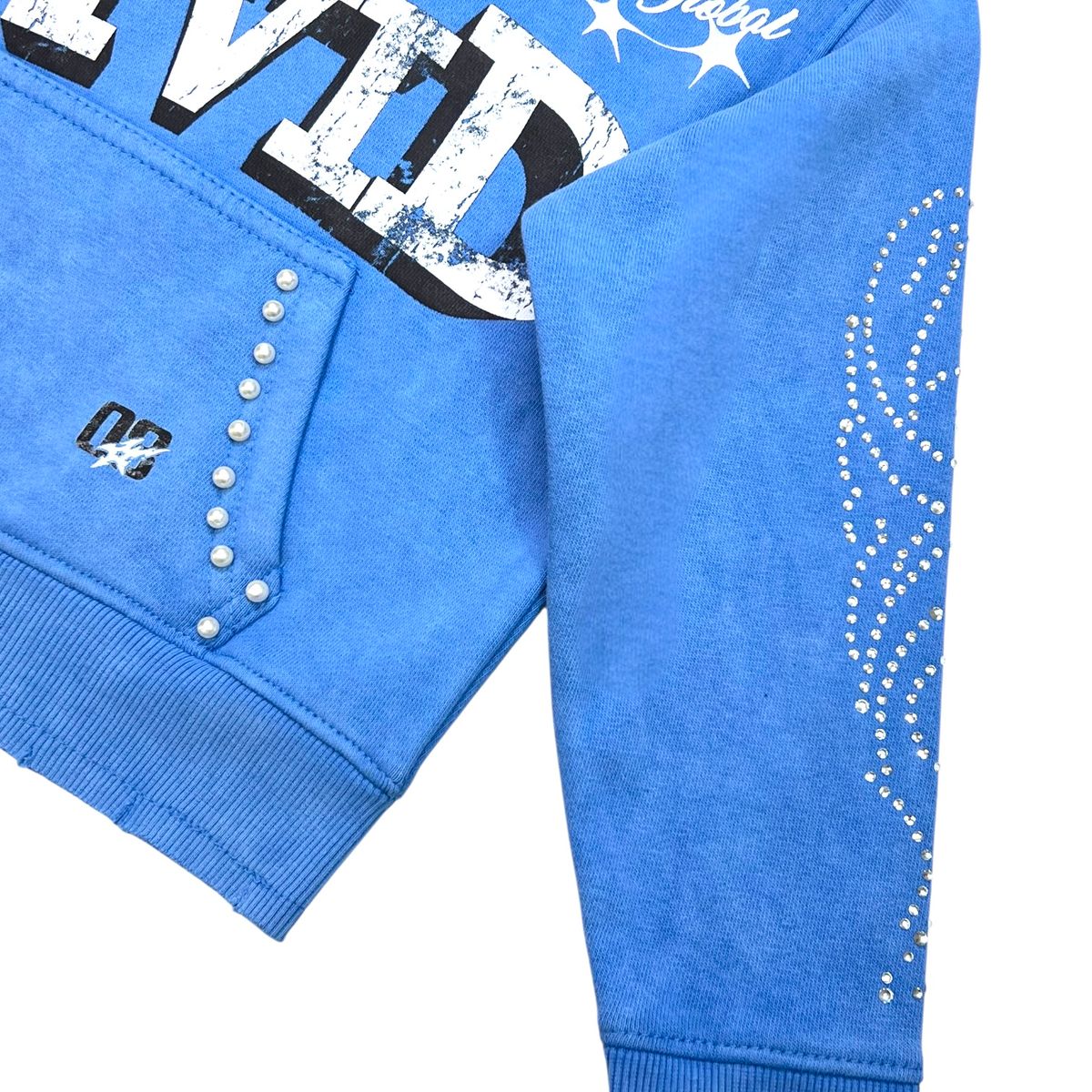 Elite Denim Premium VIVID BLUE RHINESTONE PEARLS PREMIUM KIDS FLEECE