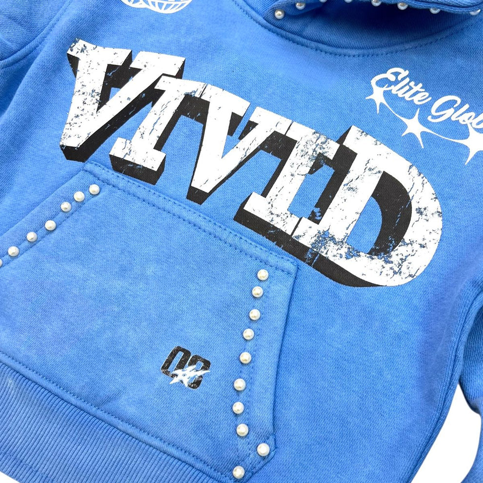 Elite Denim Premium VIVID BLUE RHINESTONE PEARLS PREMIUM KIDS FLEECE