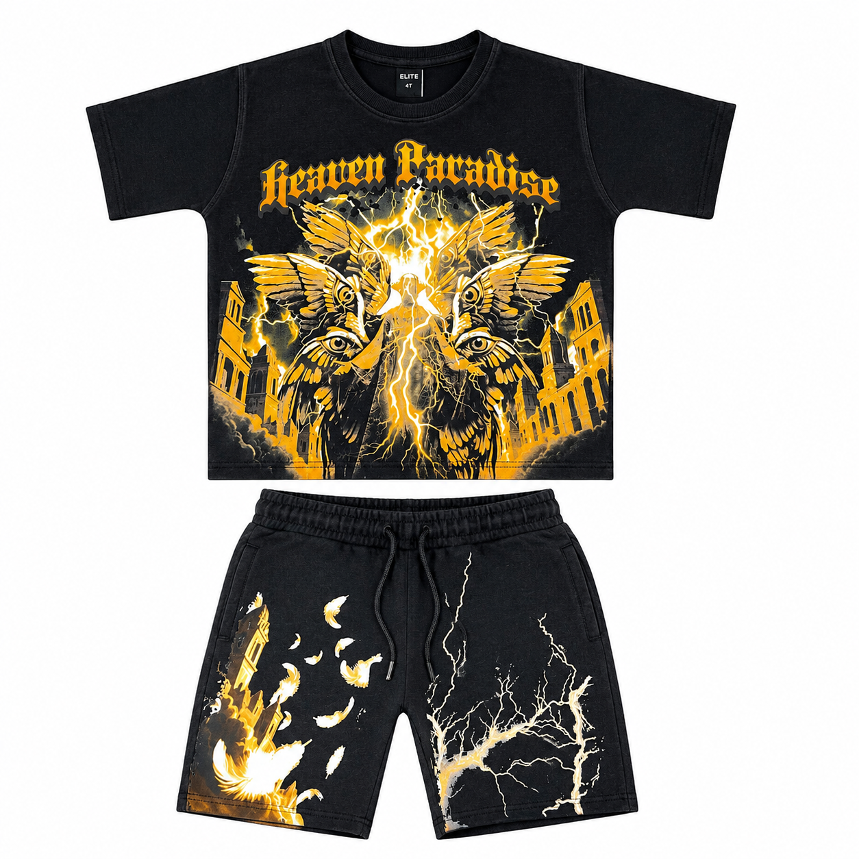 Elite Denim Kids Heaven Paradise Lightning Graphic T-Shirt & Shorts Set – Black & Gold
