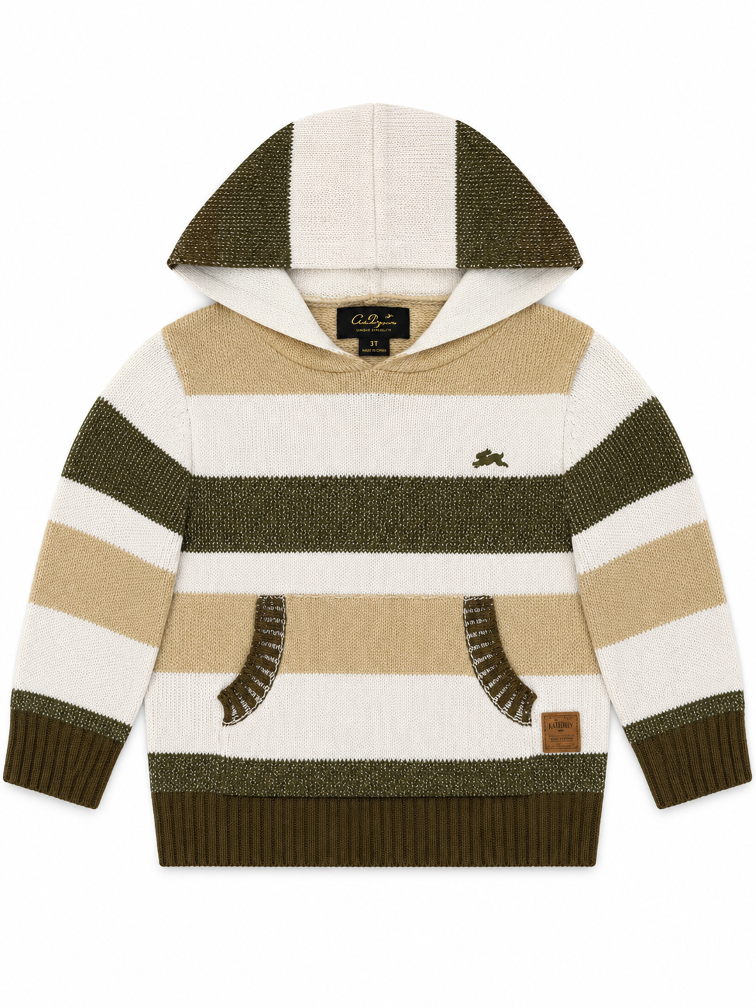 Atiziano Kids Striped Knit Hoodie Sweater – Beige, Cream & Olive