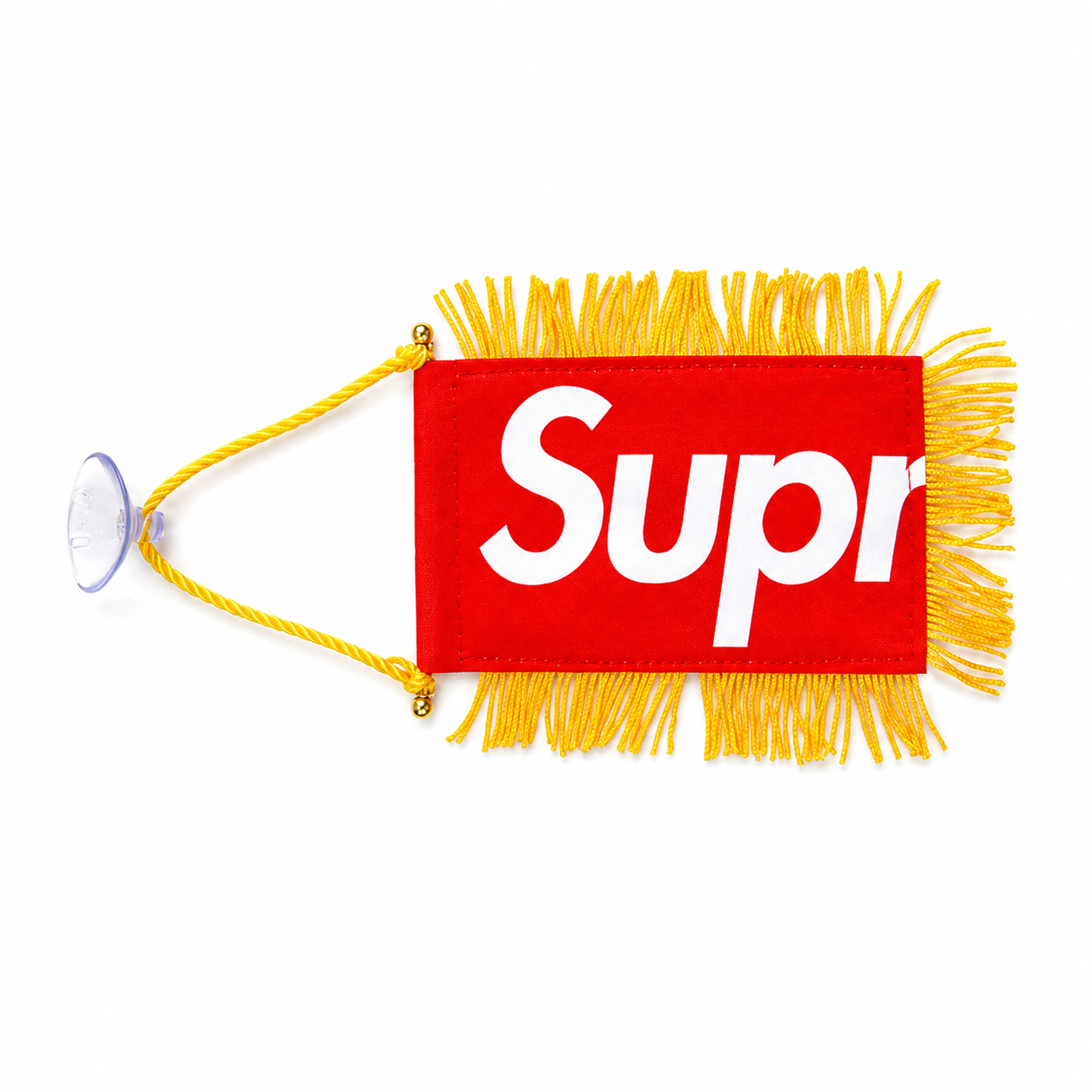 Supreme Mini Car Window Banner Red Gold Fringe Suction Cup Ornament
