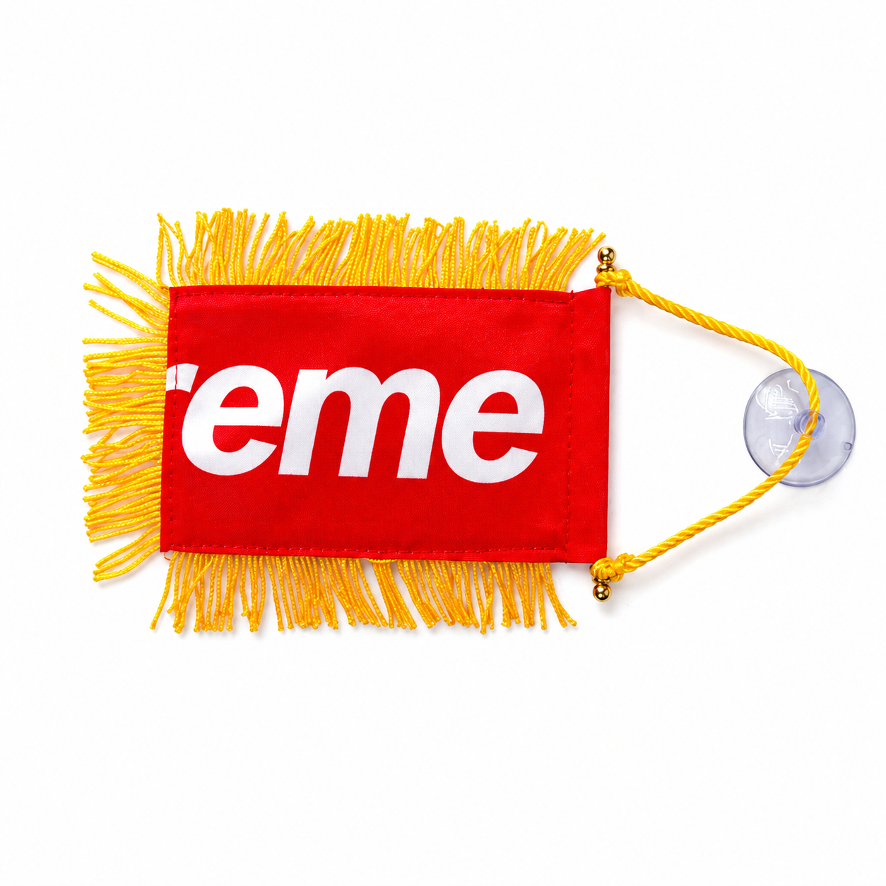 Supreme Mini Car Window Banner Red Gold Fringe Suction Cup Ornament