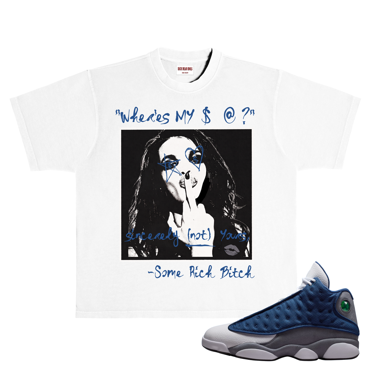 Rich Dead Idols "SOME RICH B!TCH" T-SHIRT WHITE AND NAVY