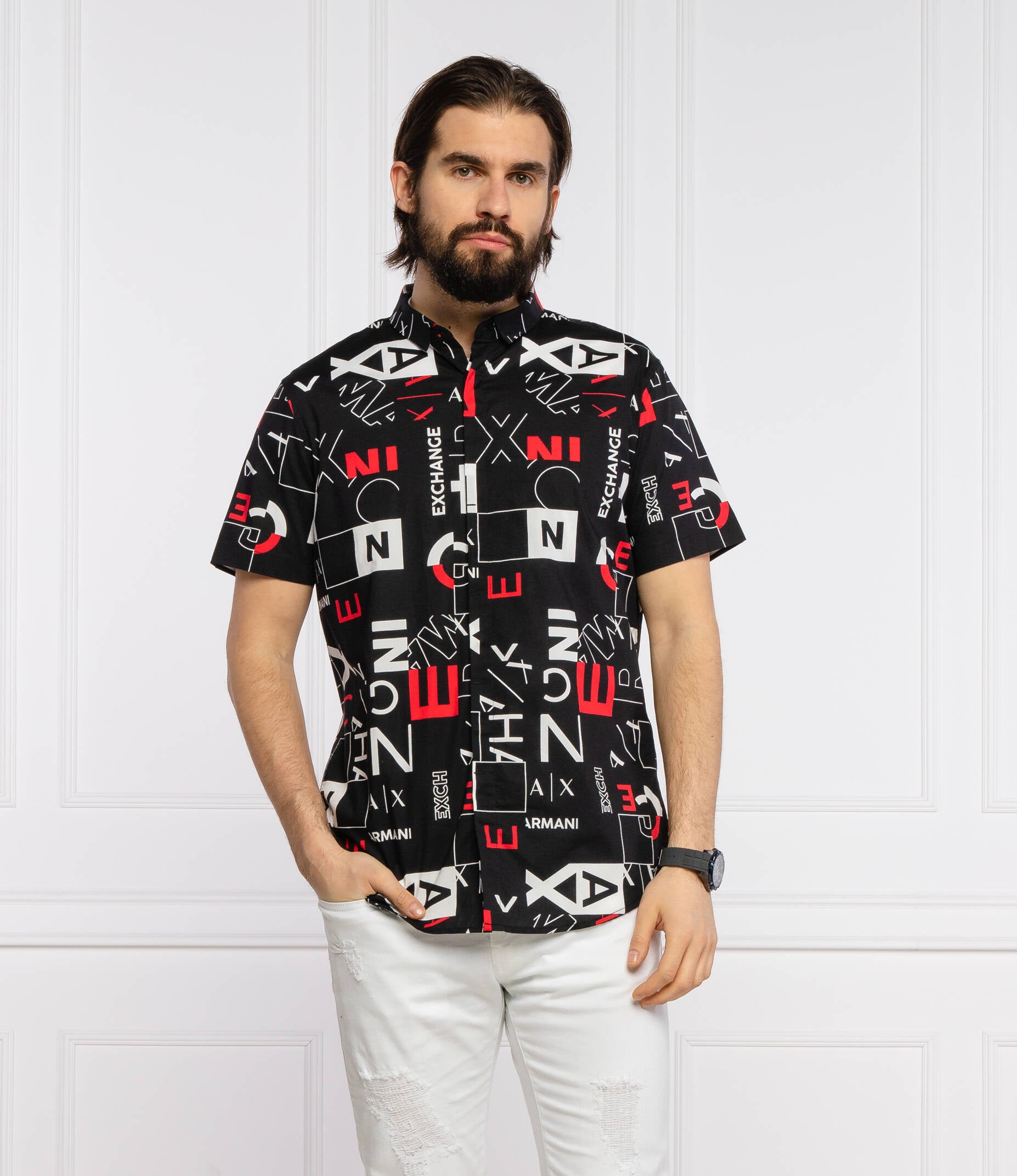 Armani Exchange Button Down Black Red shirt