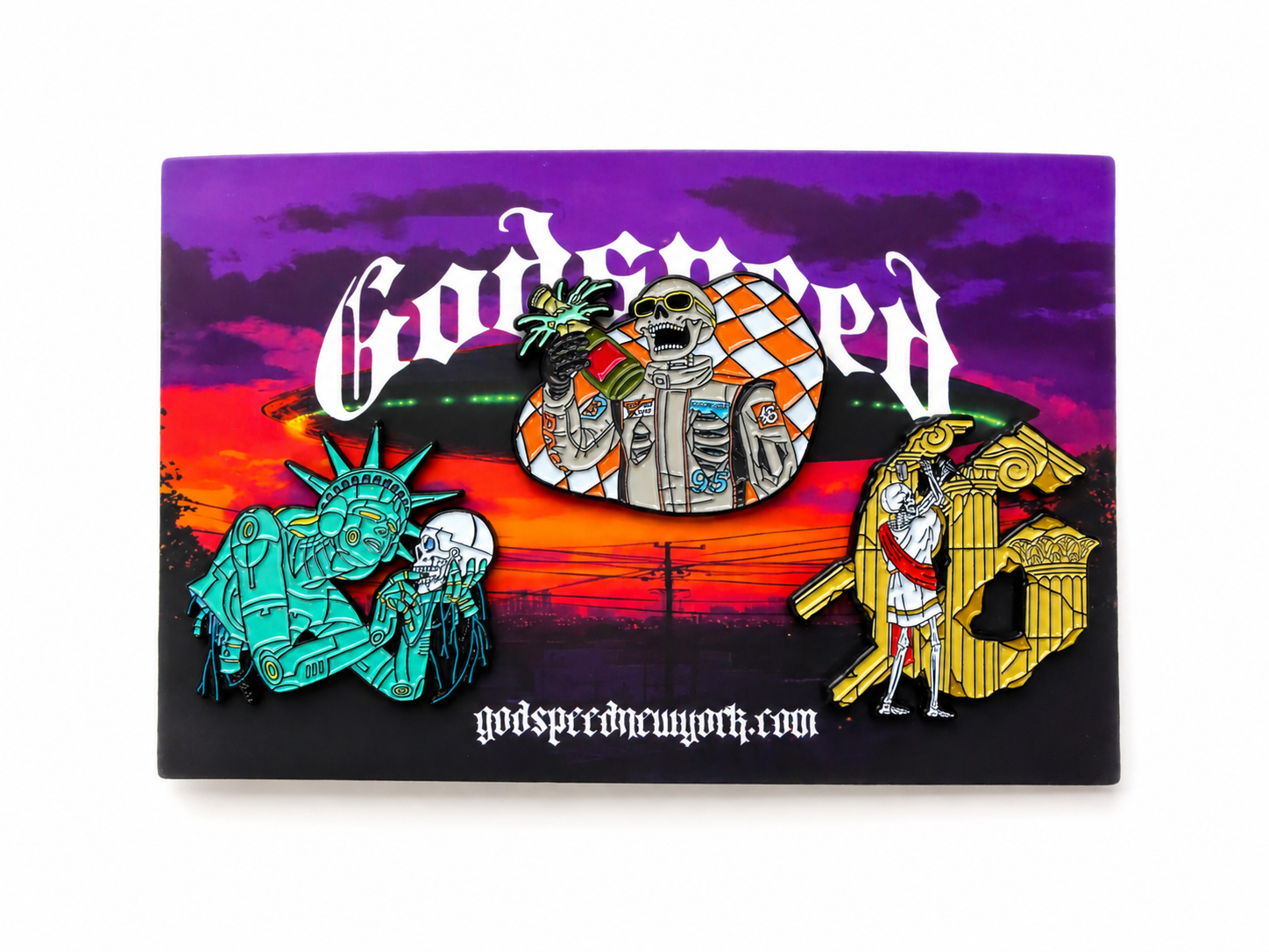 Godspeed 3-Piece Enamel Pin Set – Liberty, Skeleton & Roman Statue Collectible Pins