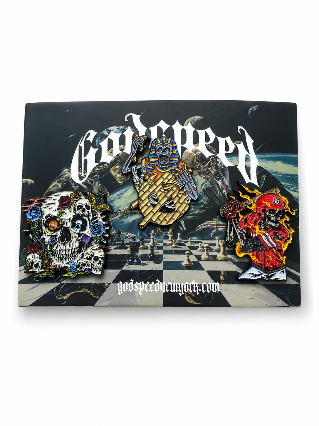 Godspeed Enamel Pin 3-Pack Set – Skeleton, Pharaoh & Grim Reaper Collectible Streetwear Pins