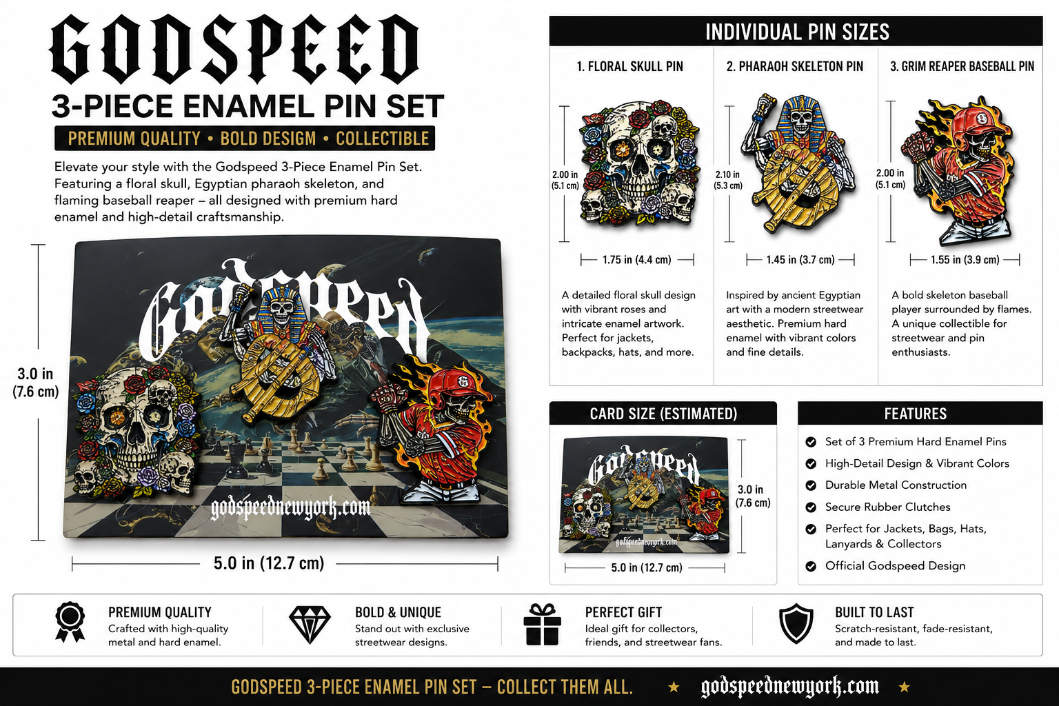 Godspeed Enamel Pin 3-Pack Set – Skeleton, Pharaoh & Grim Reaper Collectible Streetwear Pins