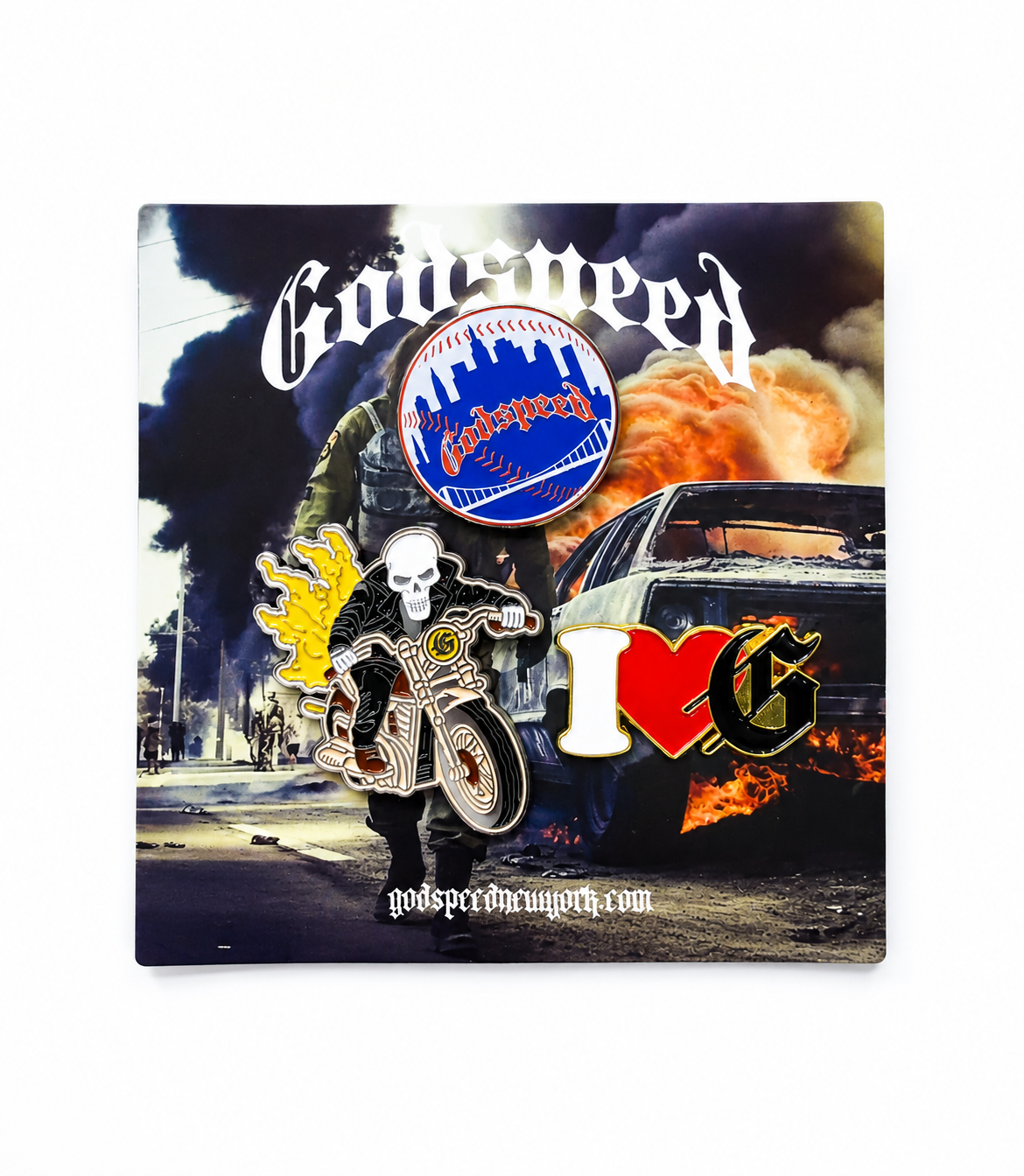 Godspeed Enamel Pin 3-Pack Set – Baseball Logo, Skeleton Rider & I Love G Collectible Pins