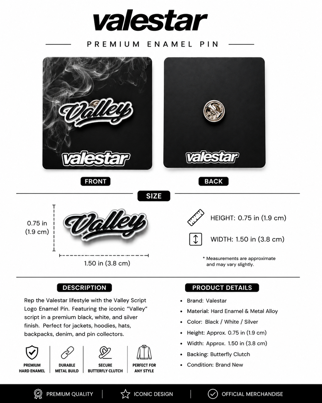 Valeforever Valley Script Logo Enamel Pin – Black & White Metal Lapel Pin