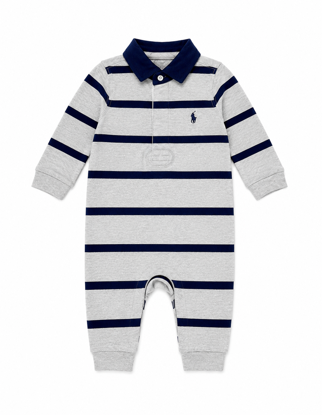 Polo Ralph Lauren Baby Boys Gray & Navy Striped Long Sleeve Polo Romper – 9 Months