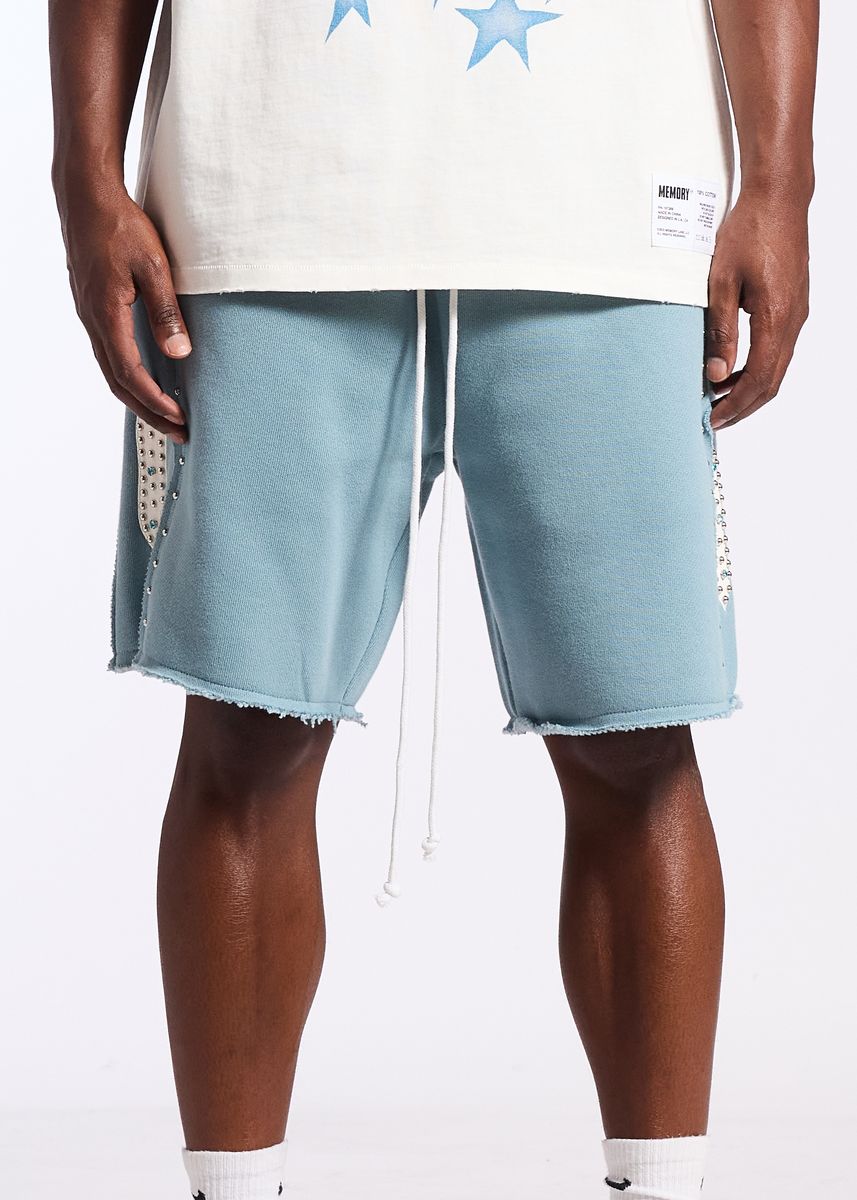 Memory Lane STUDDED FLEECE LONG SHORTS-SLATE BLUE