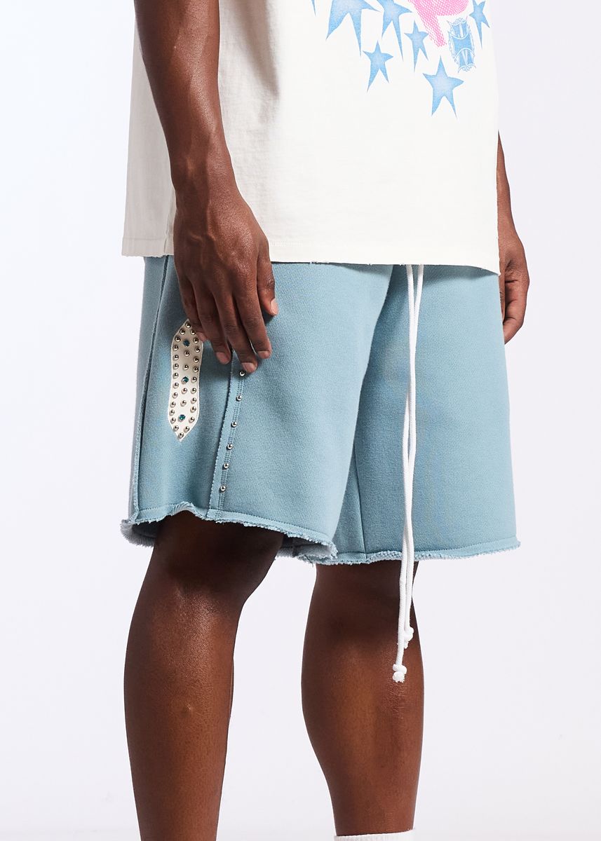 Memory Lane STUDDED FLEECE LONG SHORTS-SLATE BLUE