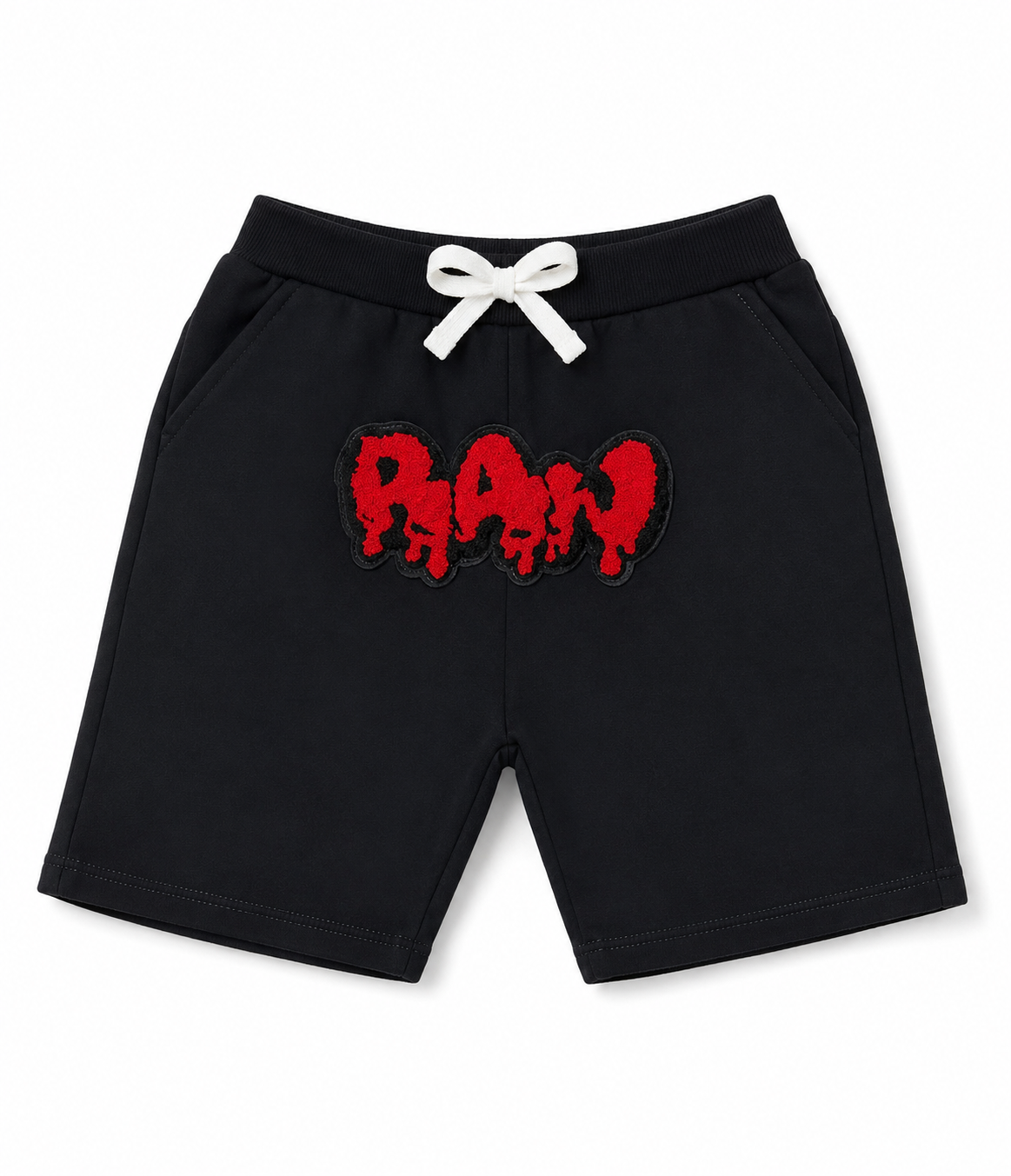 RAW Boys Black Graphic Fleece Shorts – Red Chenille Logo – Kids Size 7/8T