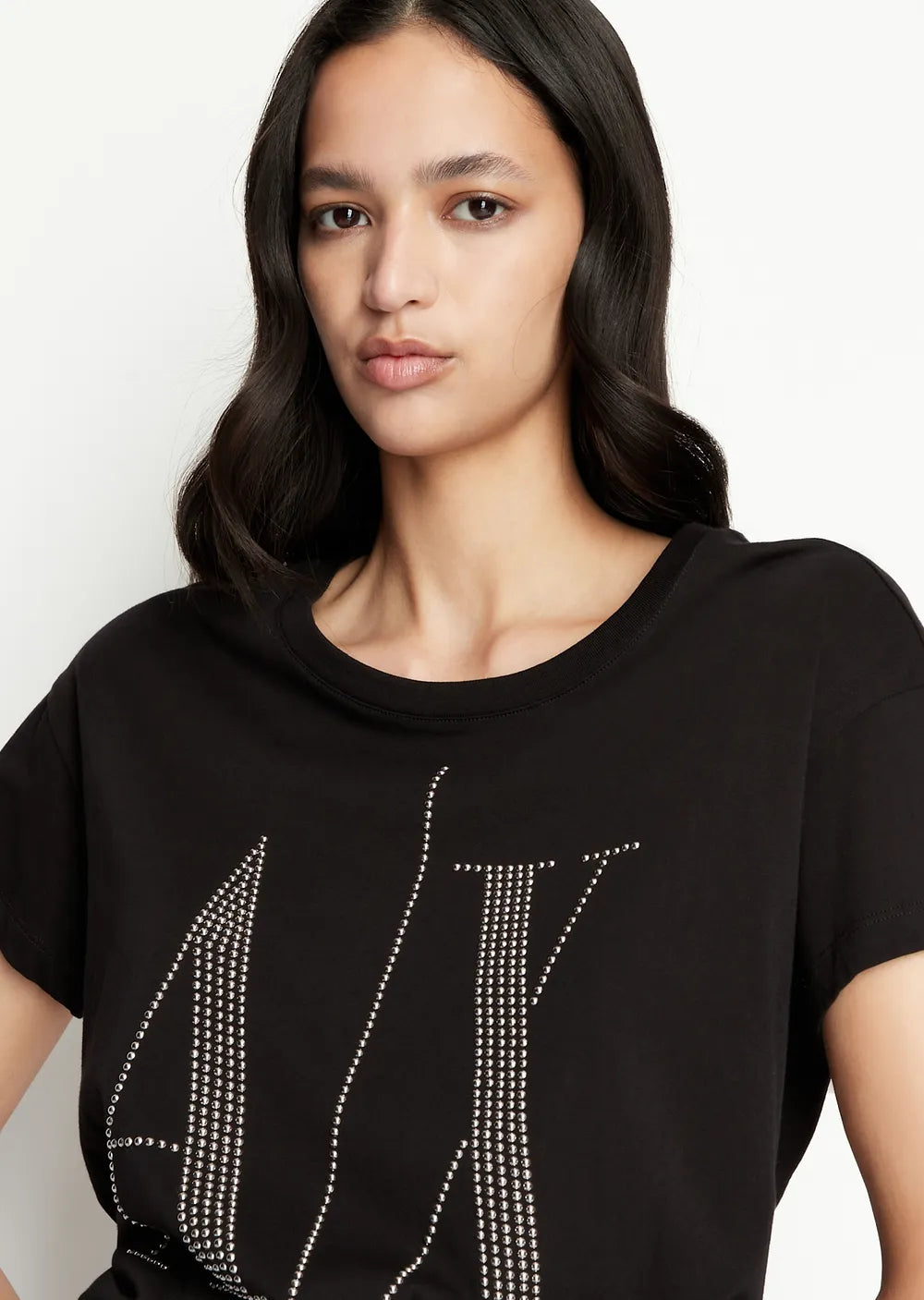 armani exchange women black silver studs large logo tshirts