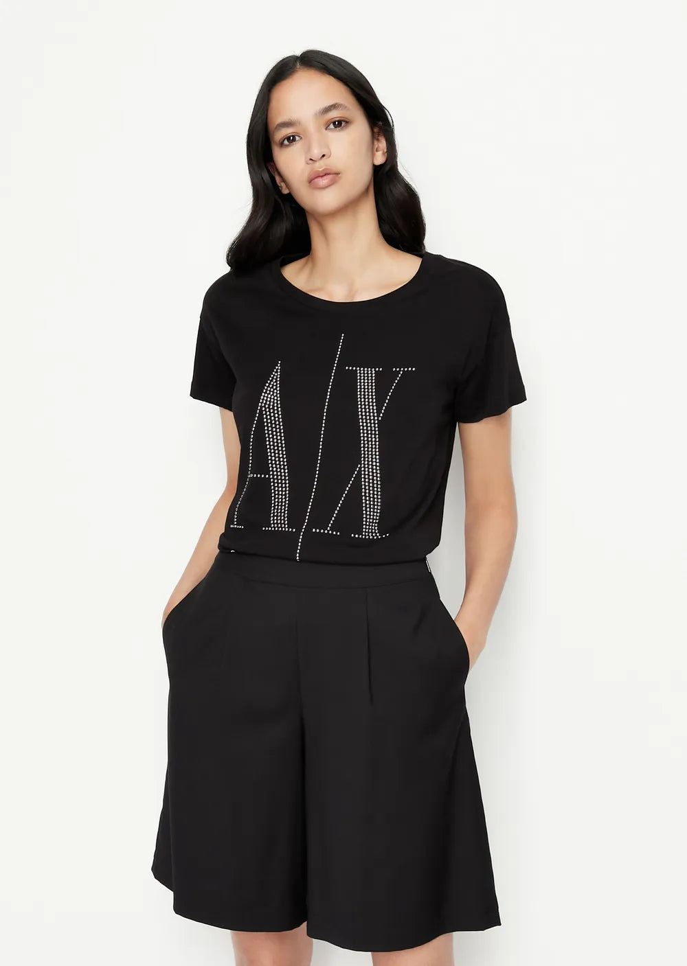 armani exchange women black silver studs large logo tshirts