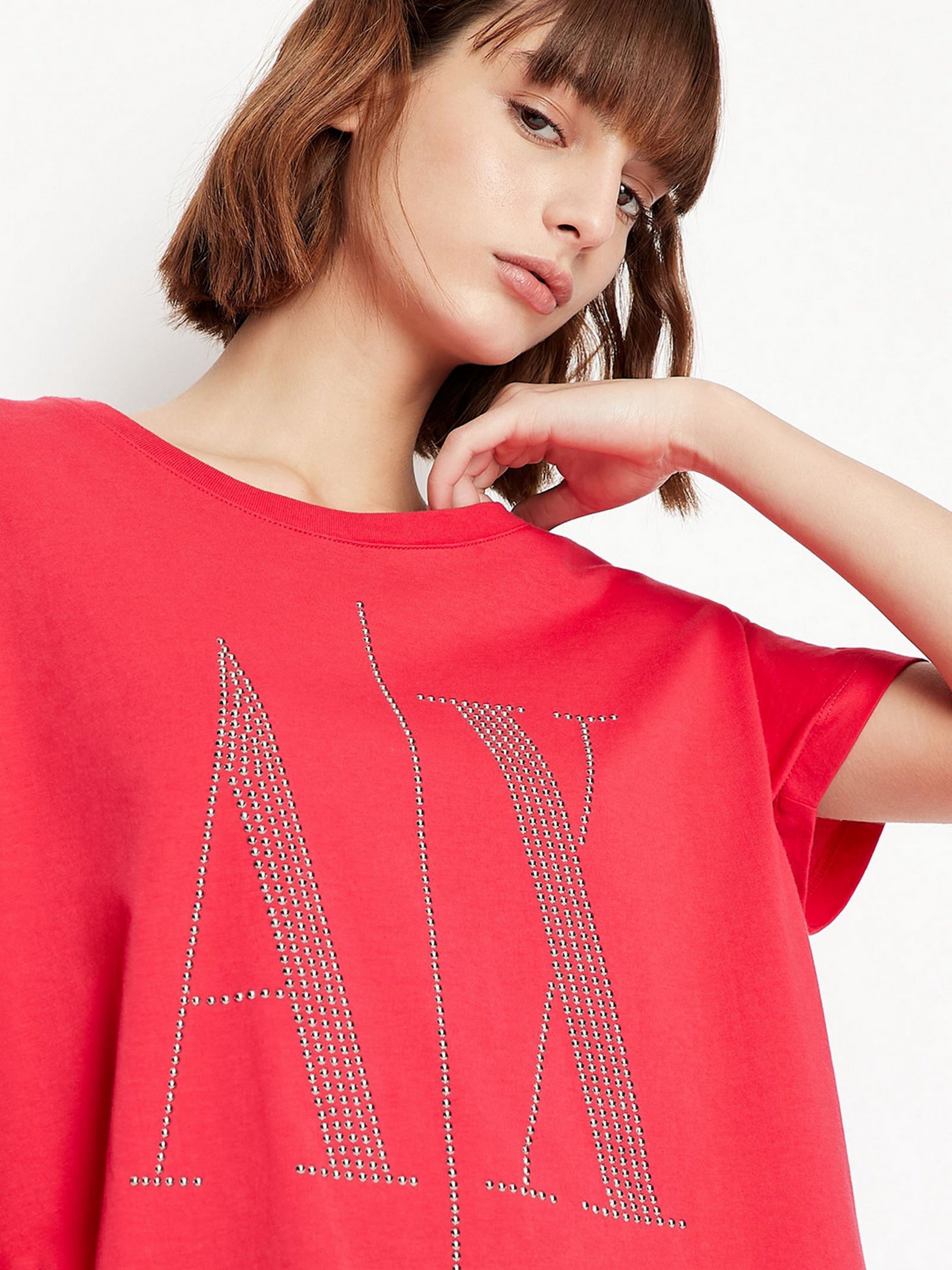 armani exchange womens red silver stud large logo T-Shirts