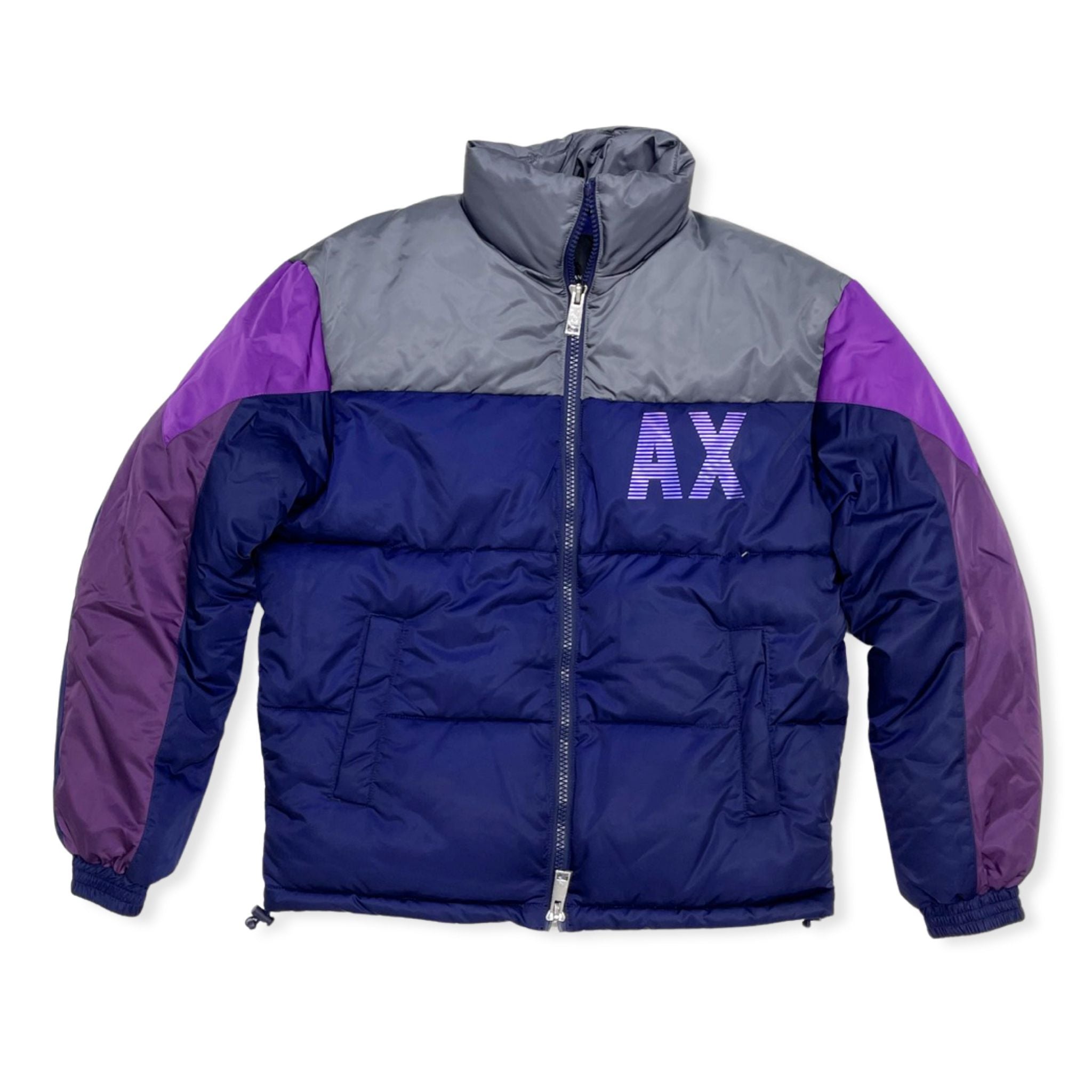 ARMANI EXCHANGE IRIDESCENT PACKABLE PUFFER DOWN JACKET PURPLE/NAVY