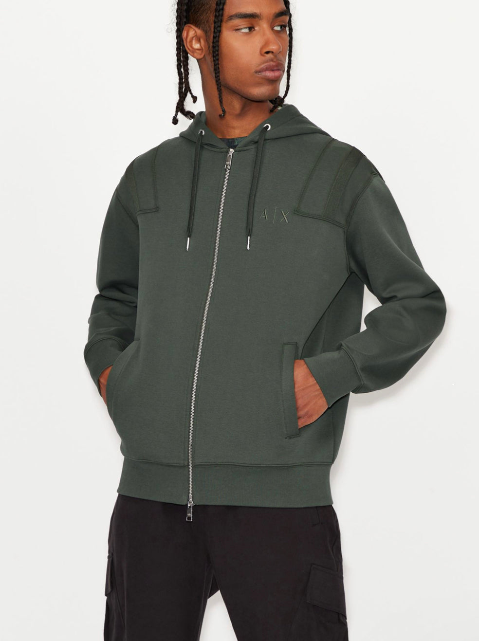 ARMANI EXCHANGE HOODED ZIP UP JERSEY SWEATSHIRT (GREEN)