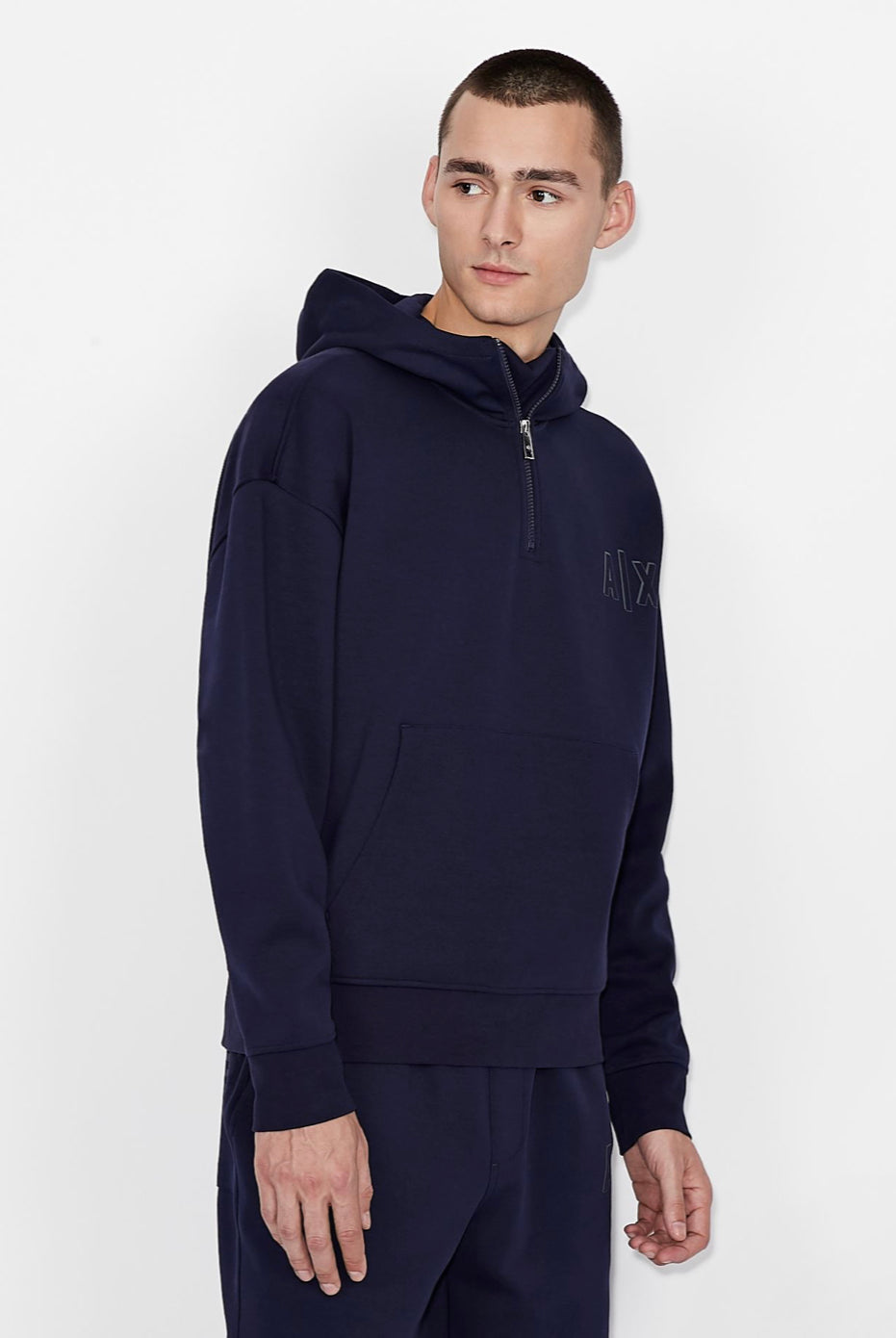 ARMANI EXCHANGE HOODED LOGO COTTON BLEND SWEATSHIRT NAVY/BLUE
